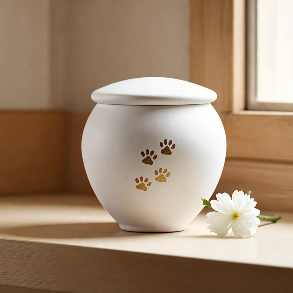 White & Gold Pawprints Pet Urn for Ashes - Small