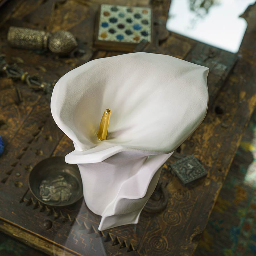 Calla Lilly Medium Cremation Urn for Ashes Matte White Top View on Coffee Table