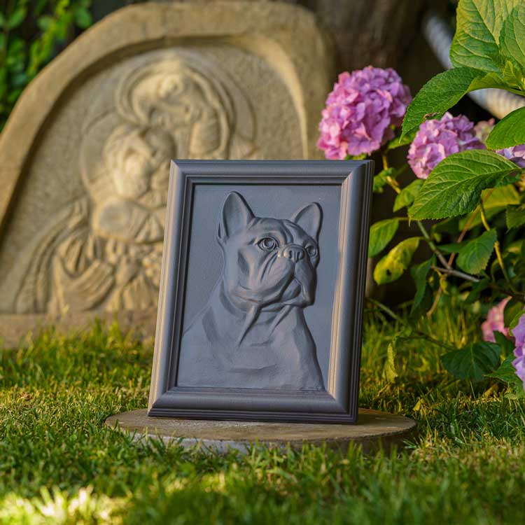Frenchie Dog Urn For Pet Ashes Matte Black Flowers Statue