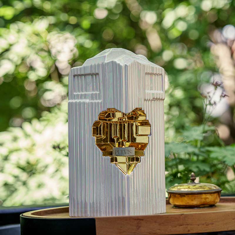 Heart Cremation Urn for Ashes Pearlescent White and Gold Outside