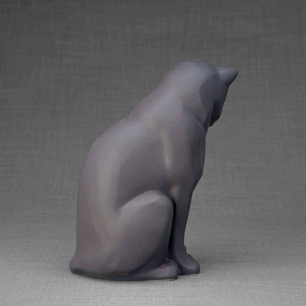 Sitting Cat Cremation Urn For Ashes Matte Grey Facing Right Behind View