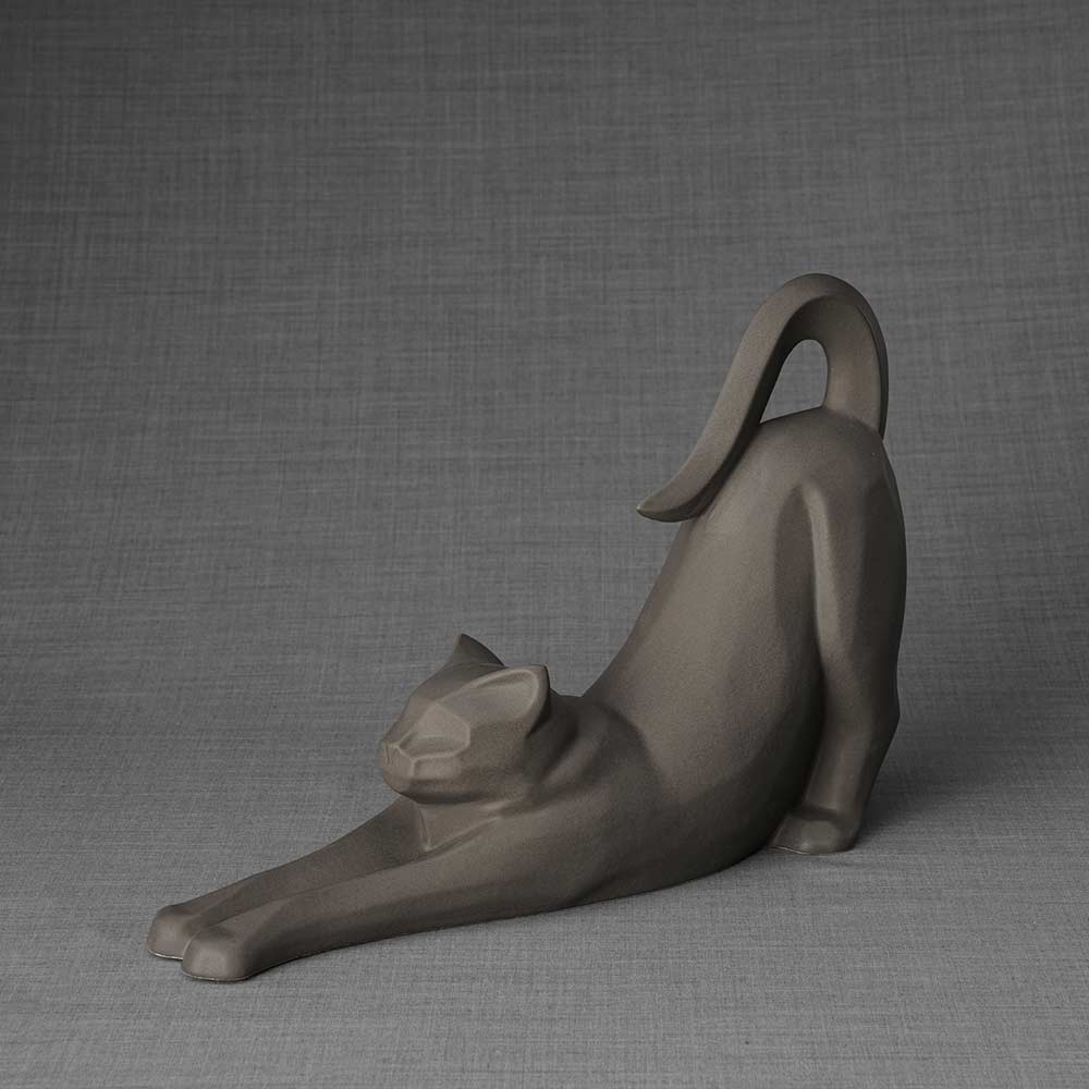 Stretching Cat Urn For Ashes Matte Grey Front Left