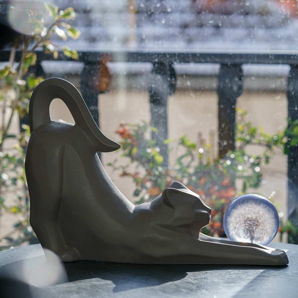Stretching Cat Urn For Ashes Matte Grey On Table Right