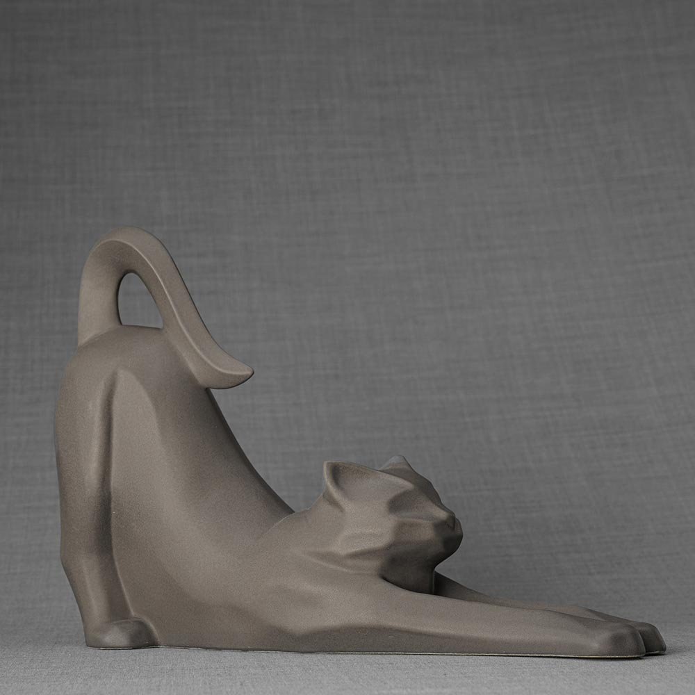 Stretching Cat Urn For Ashes Matte Grey Right