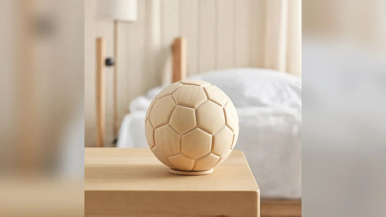 Wooden football-shaped keepsake urn on a nightstand