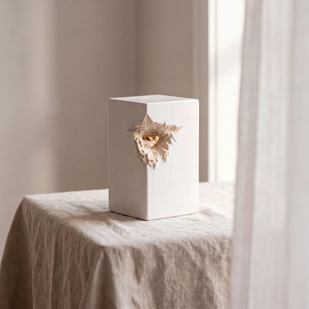 Cherished Heart Medium Urn for Ashes in White and Gold
