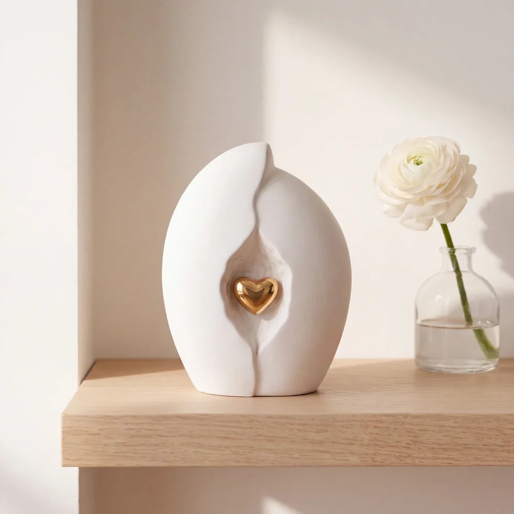Embrace Heart Small Urn for Ashes in White and Gold