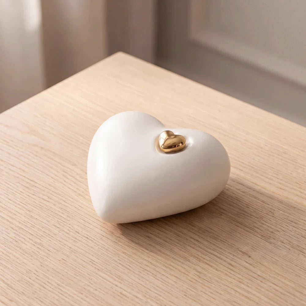 Heart Small Urn for Ashes in White and Gold