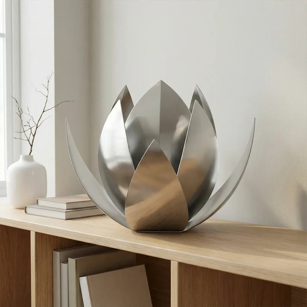 Lotus adult cremation urn for ashes in stainless steel on a console table