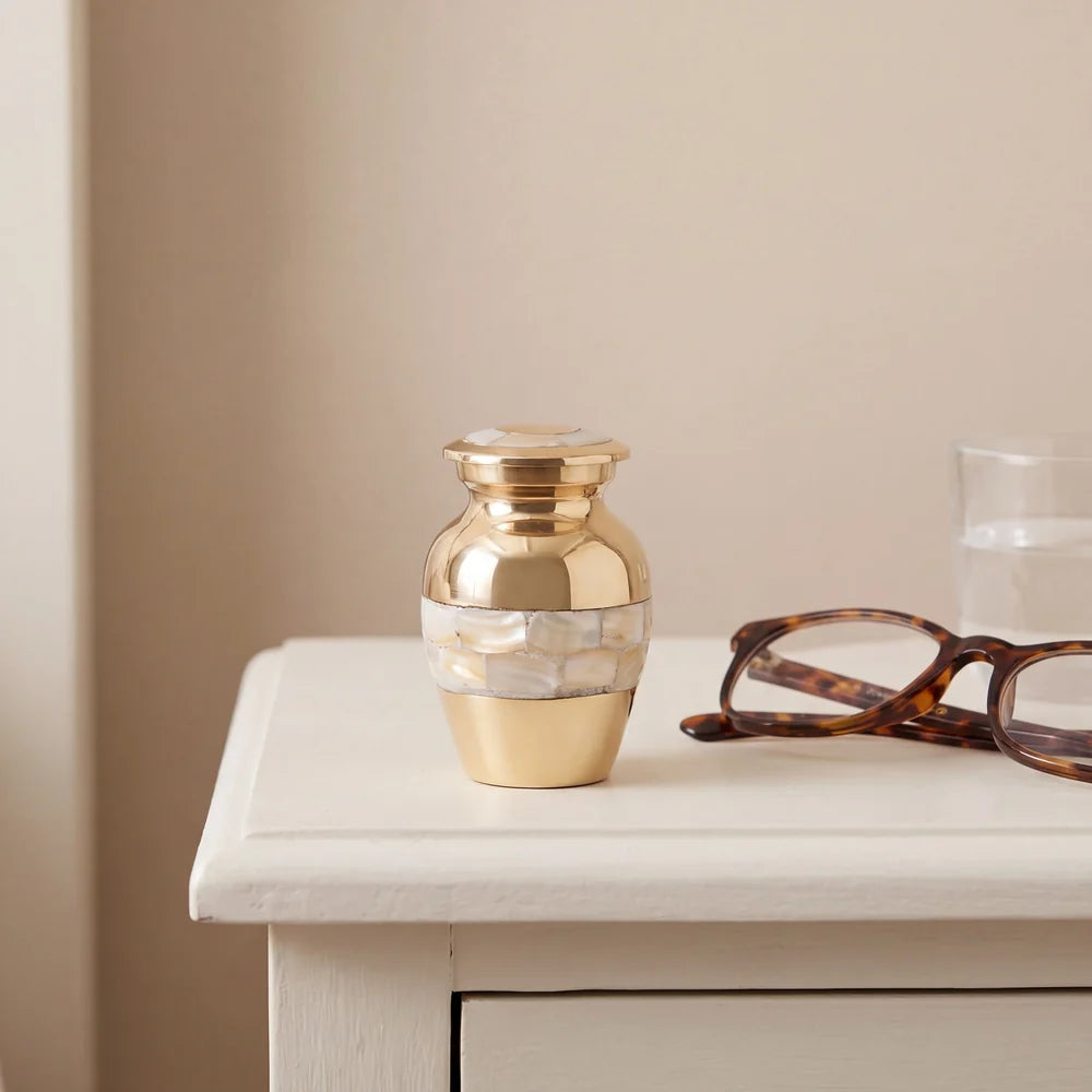 Mother of Pearl Metal Keepsake Urn for Ashes in Gold