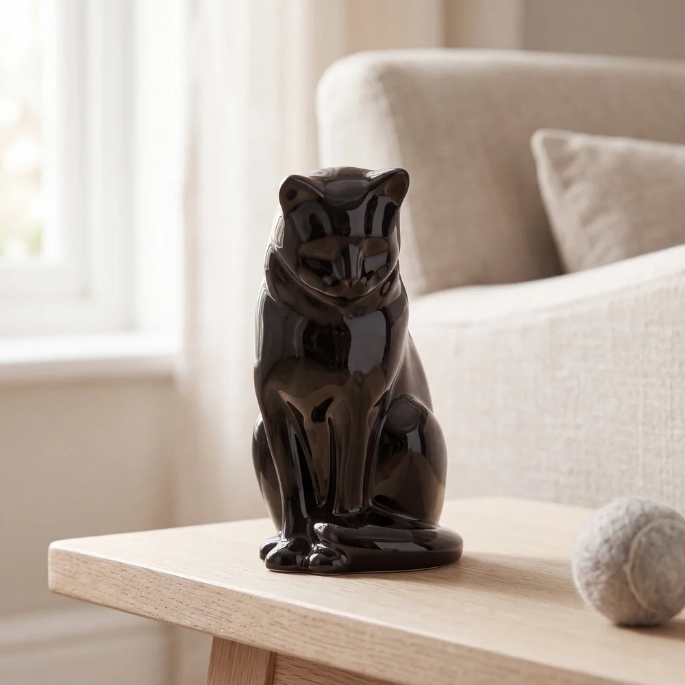 Sitting Cat Urn for Ashes in Glossy Black