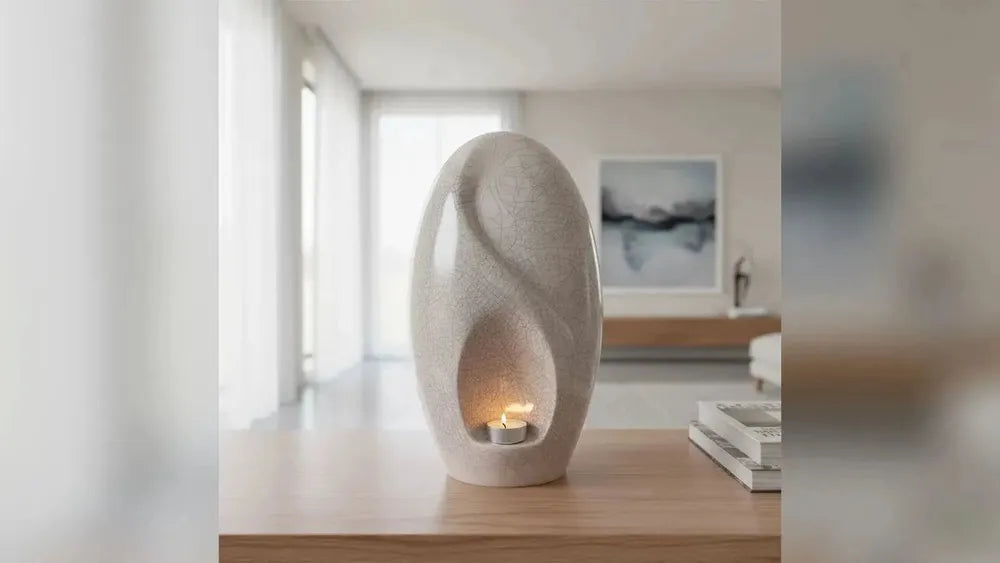 Infinity ceramic adult cremation urn in crackle glaze displayed on a table