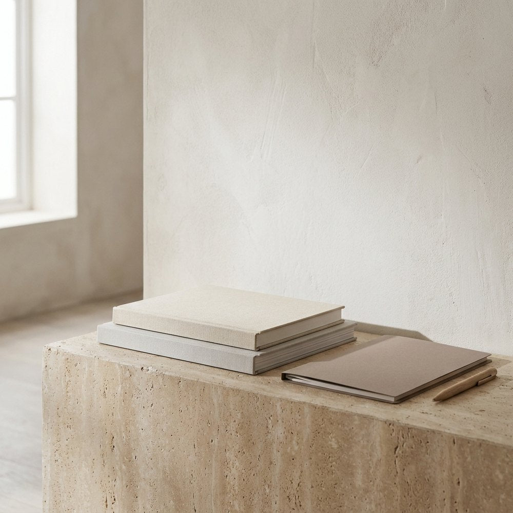 Two books, a folder and a pen on a stone ledge