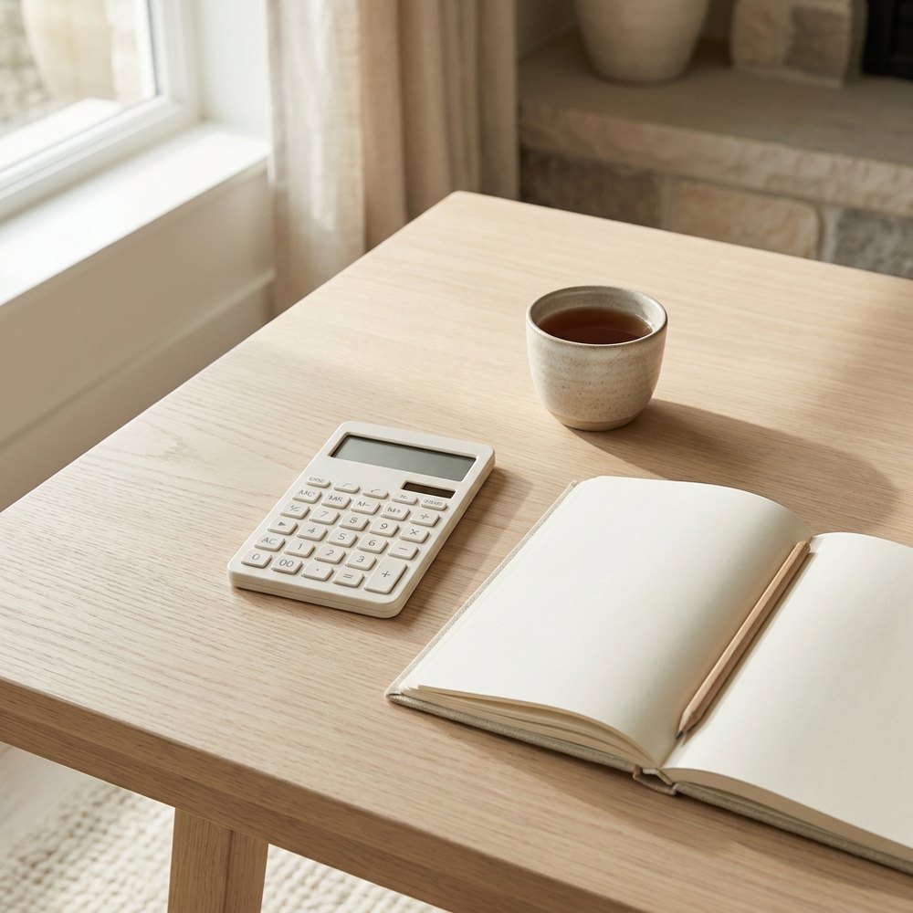 A calculator, an open notebook and a cup of tea on an oak table