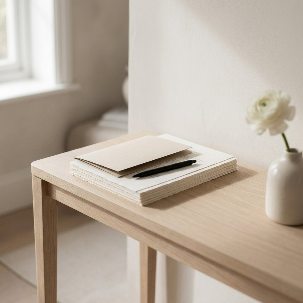 Papers, a folder and a pen on an oak console table