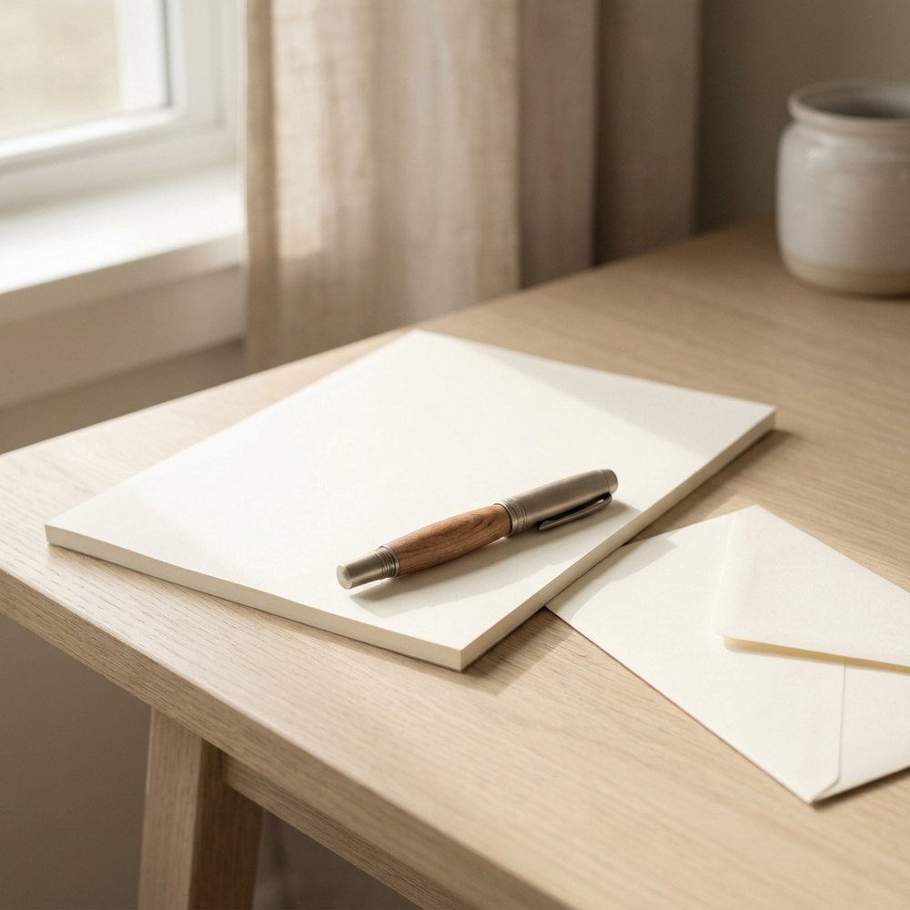 A fountain pen on blank writing paper with an envelope on an oak desk
