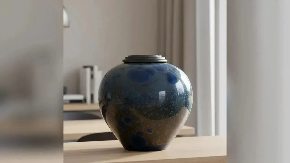 Sodalite adult cremation urn with a deep blue glaze in a living room