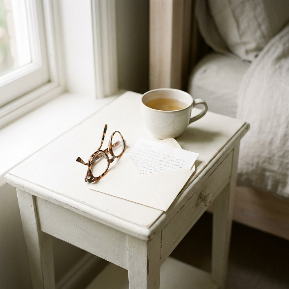 An opened letter, reading glasses and a cup of tea on a bedside table