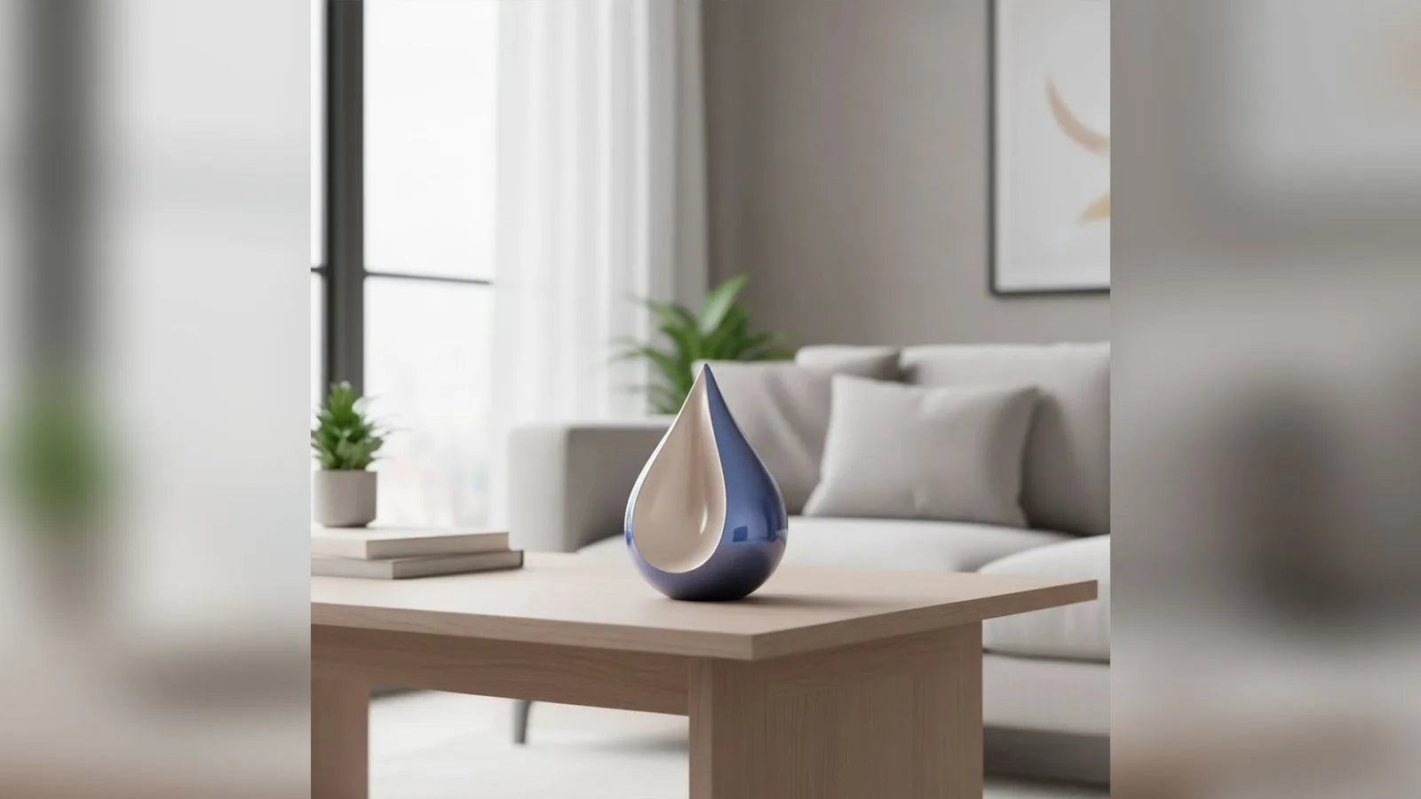 Odyssee teardrop keepsake urn in midnight blue and silver on a table