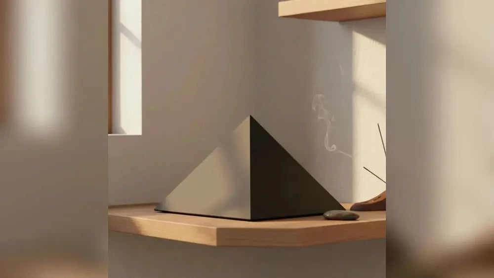Pyramid adult cremation urn in matte black on a wooden shelf