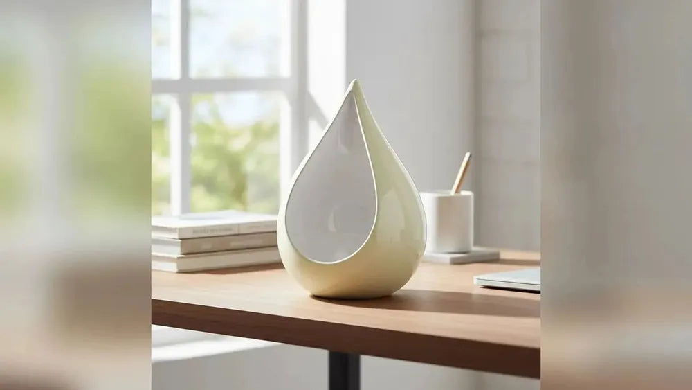 Odyssee teardrop urn in ivory and white on a desk