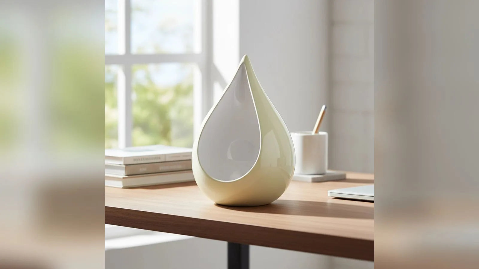 Odyssee teardrop urn in ivory and white on a desk