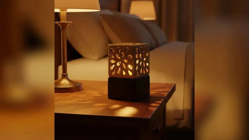 Lantern Candle small keepsake urn on a bedroom table
