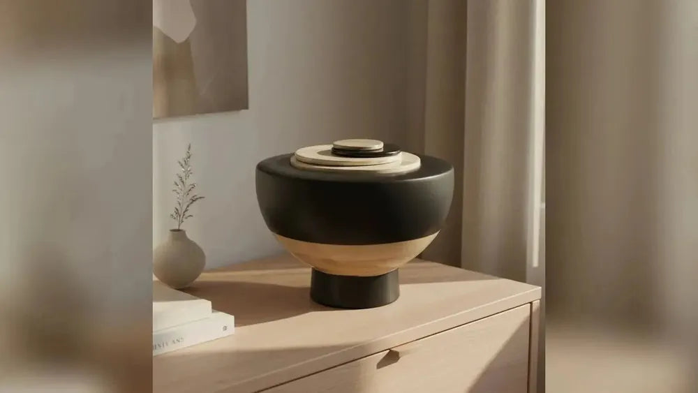 Hemisphere adult cremation urn on a cupboard