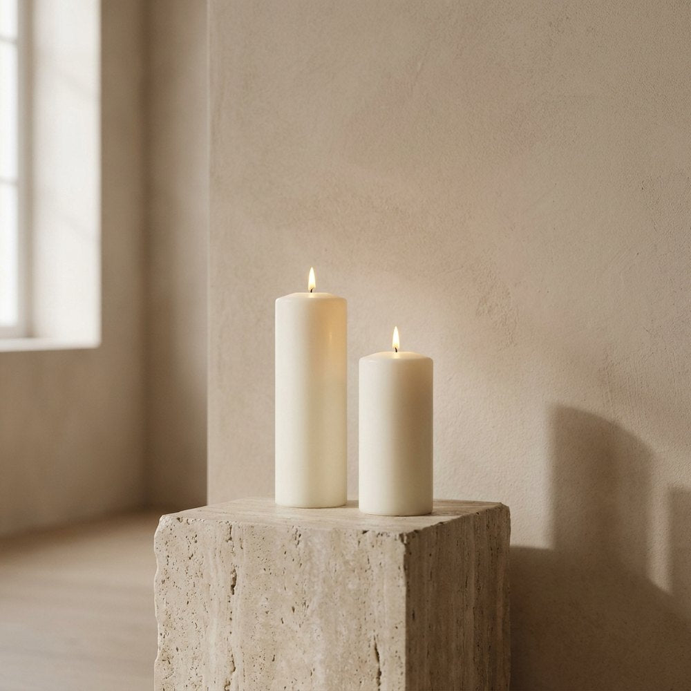 Two lit candles, one tall and one short, on a stone plinth