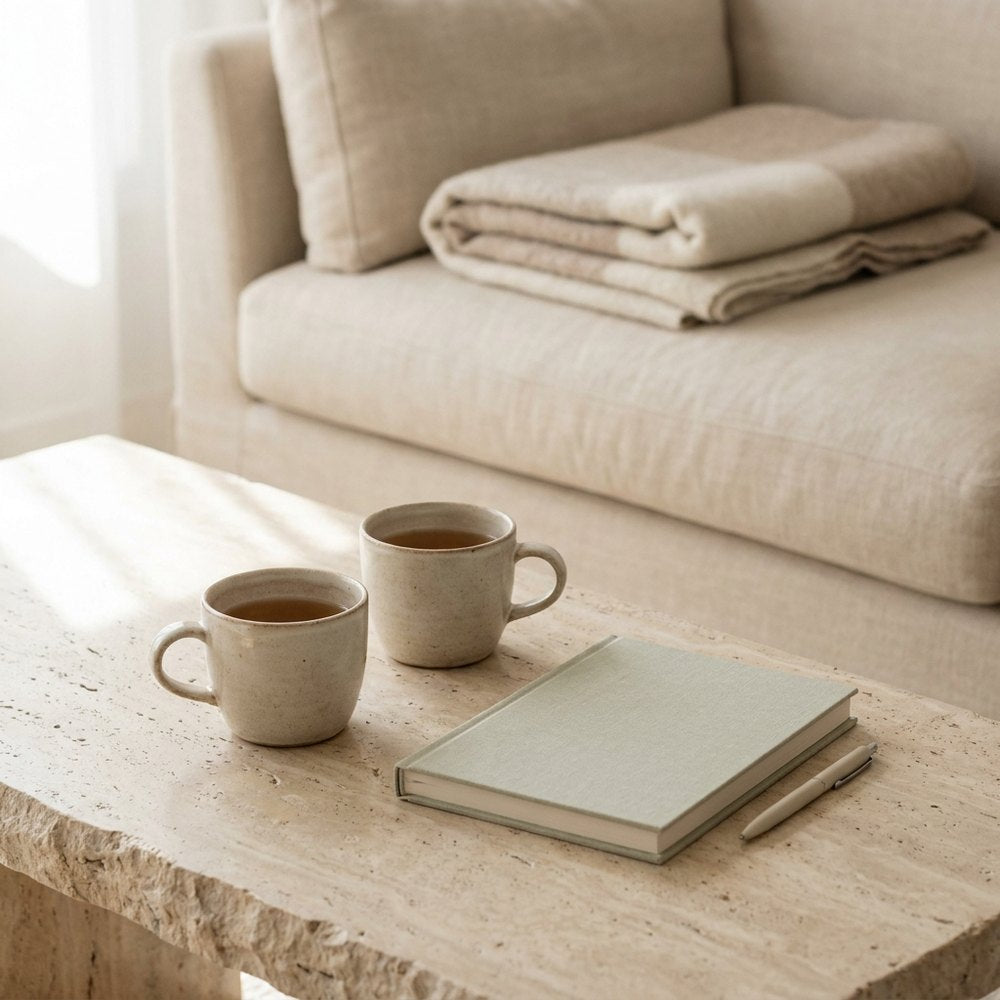 Two cups of tea and a notebook on a stone coffee table by a sofa