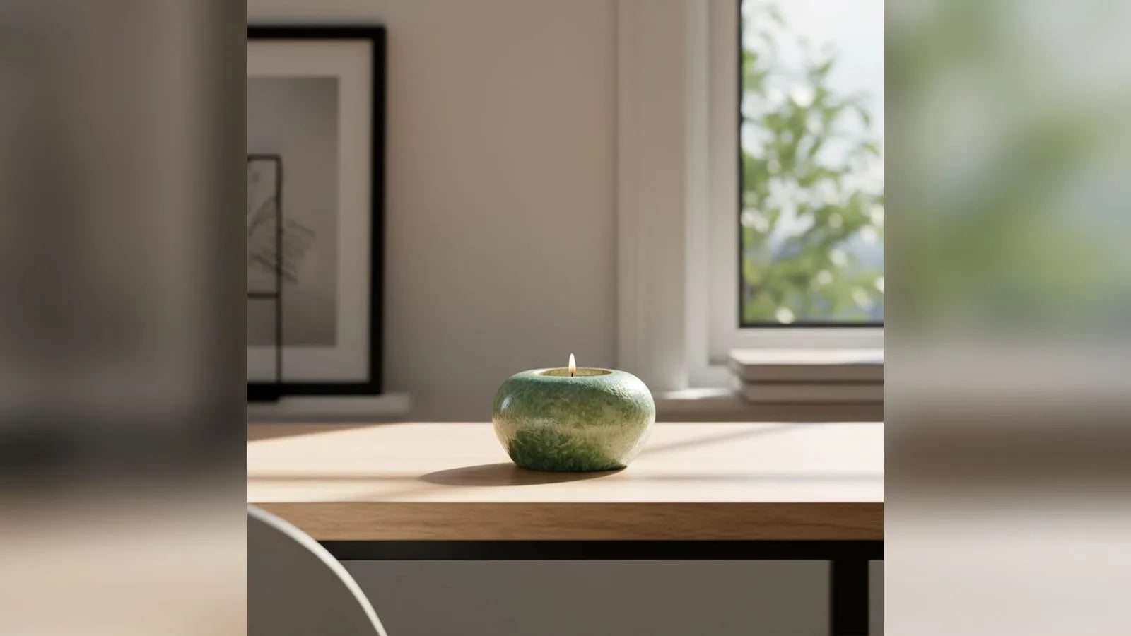 Emerald green crystalline keepsake urn in a living room