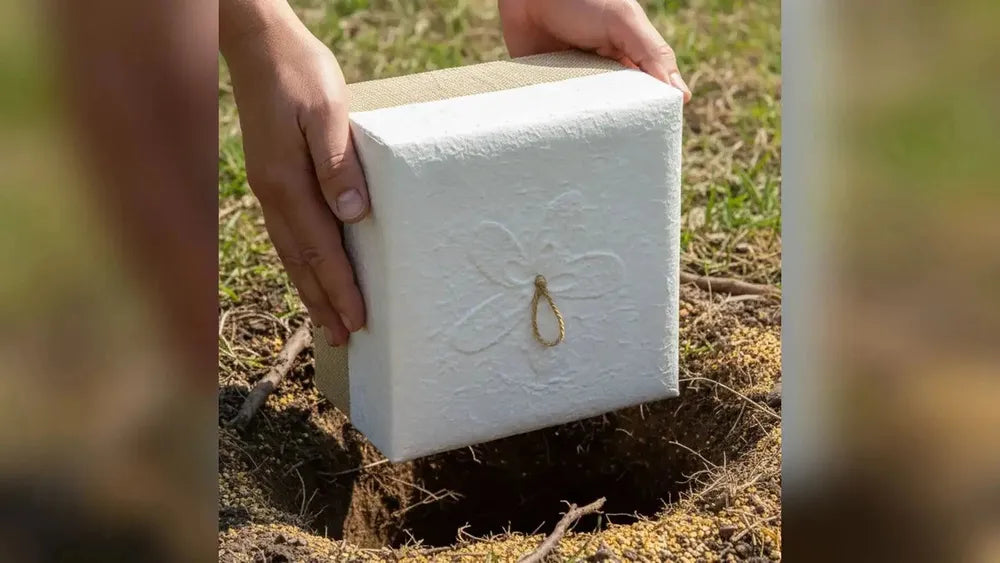 Embrace biodegradable urn in white hemp being buried