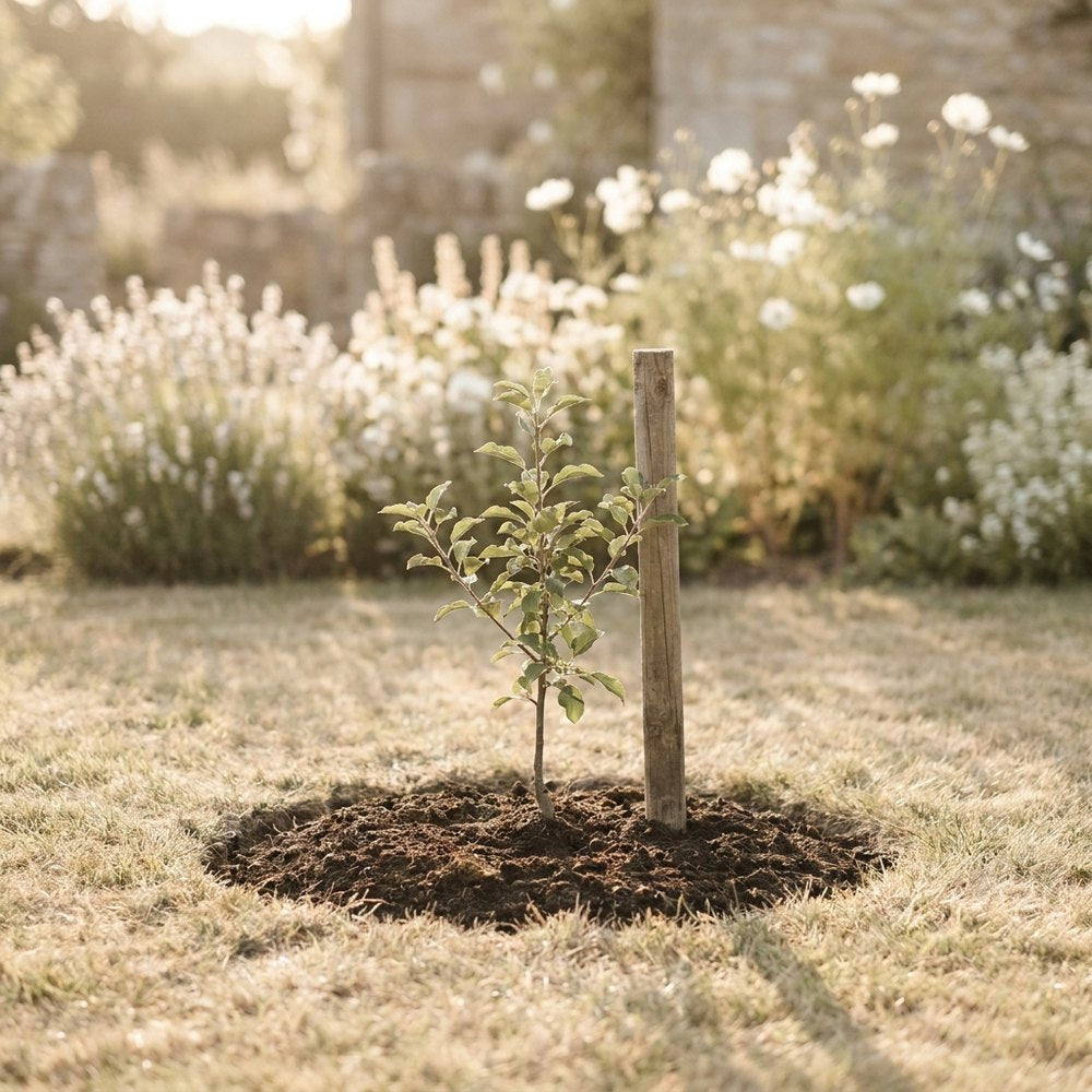 A newly planted young tree in a garden at golden hour