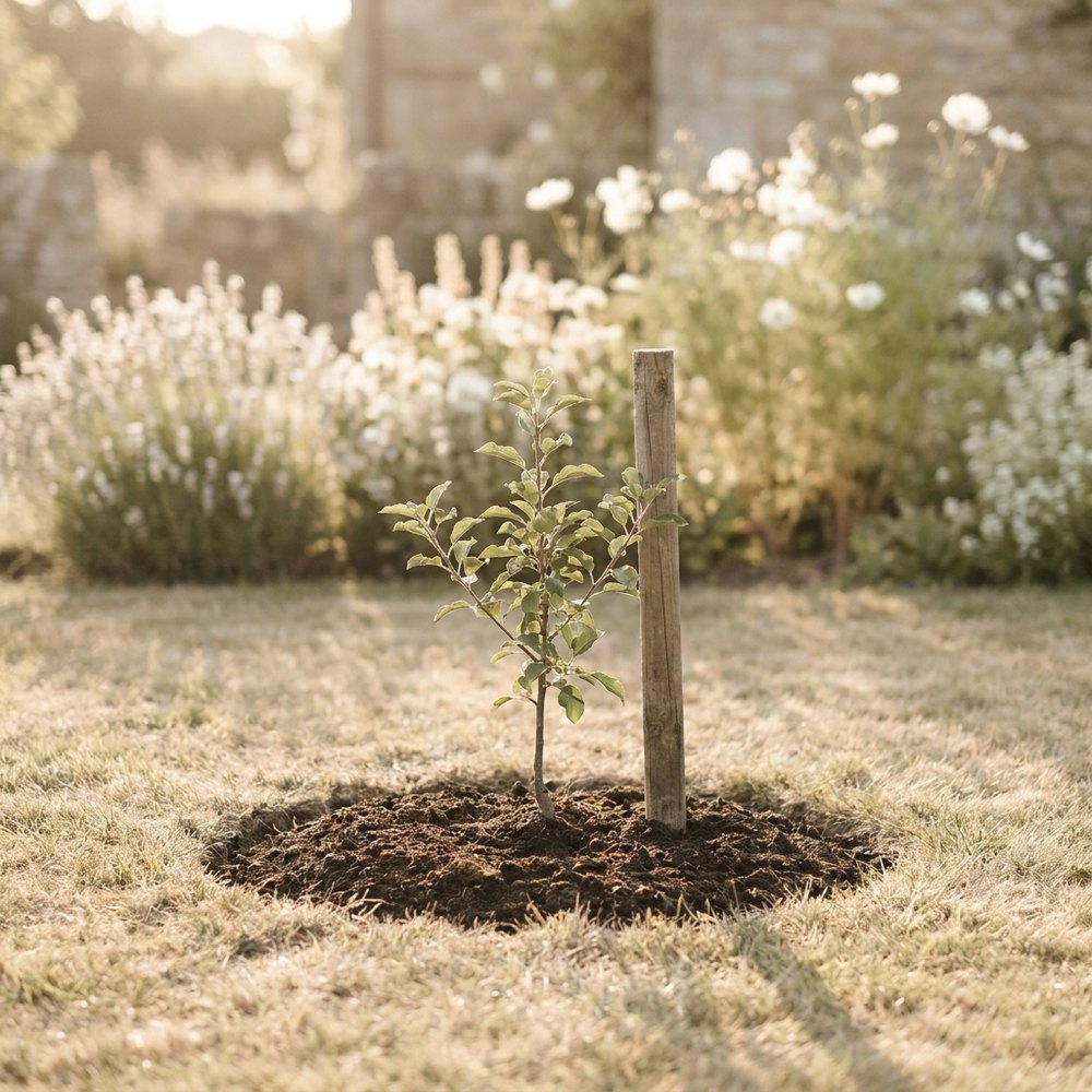 A newly planted young tree in a garden at golden hour