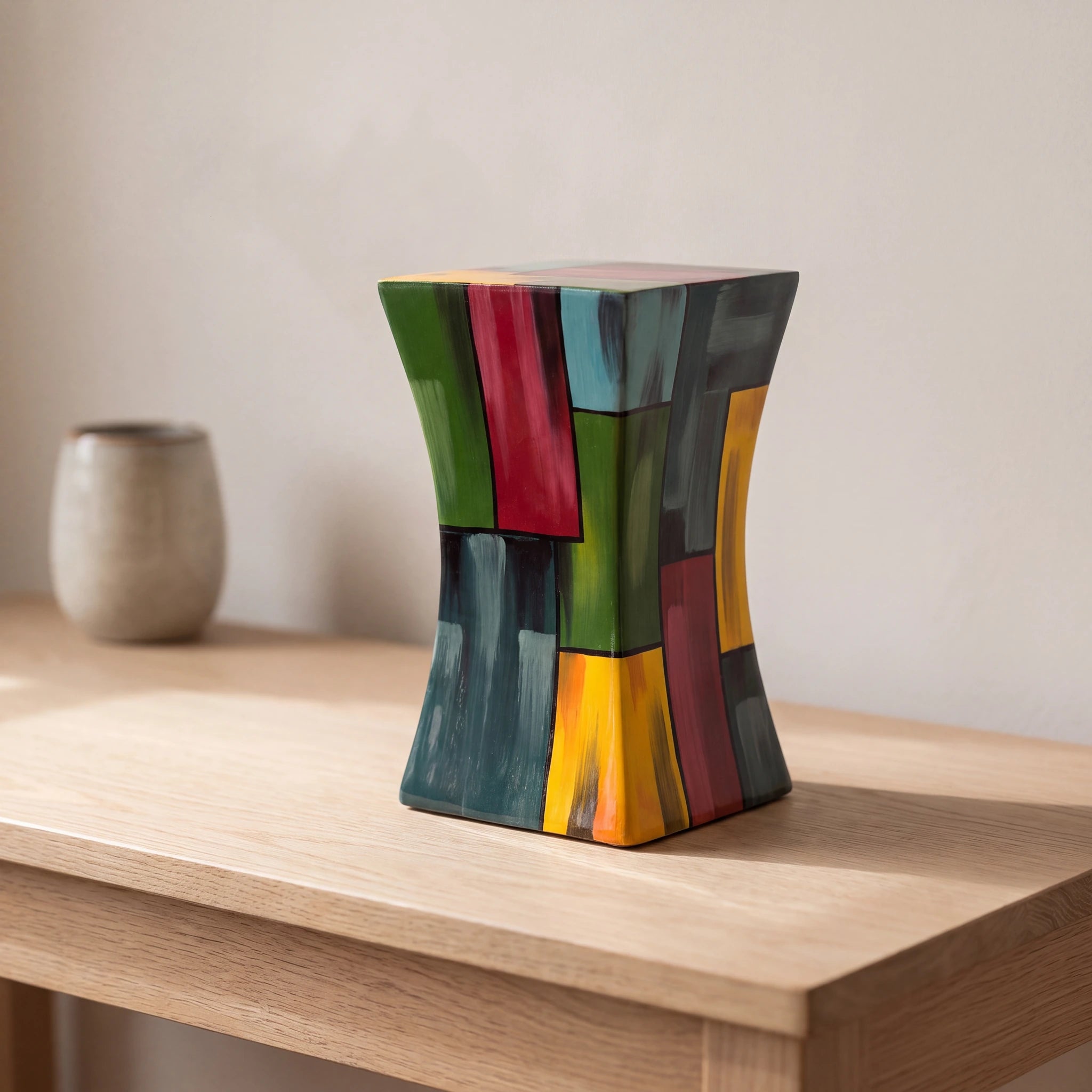 Abstract-Fibreglass-Small-Urn-for-Ashes-in-Multicolour-Oak-Console