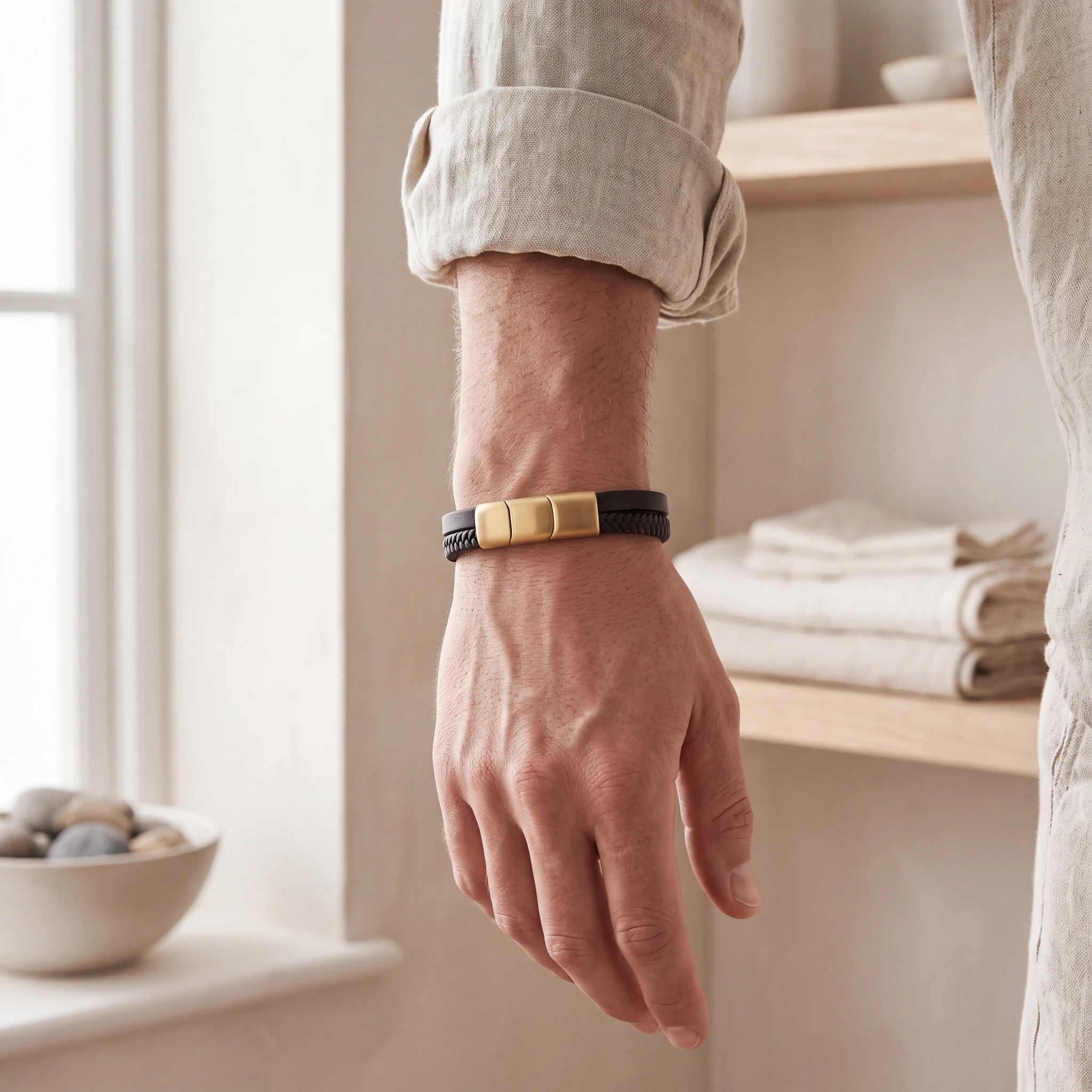 Adjustable-Braided-Leather-Ashes-Bracelet-For-Men-in-Black-and-Gold-On-the-Wrist