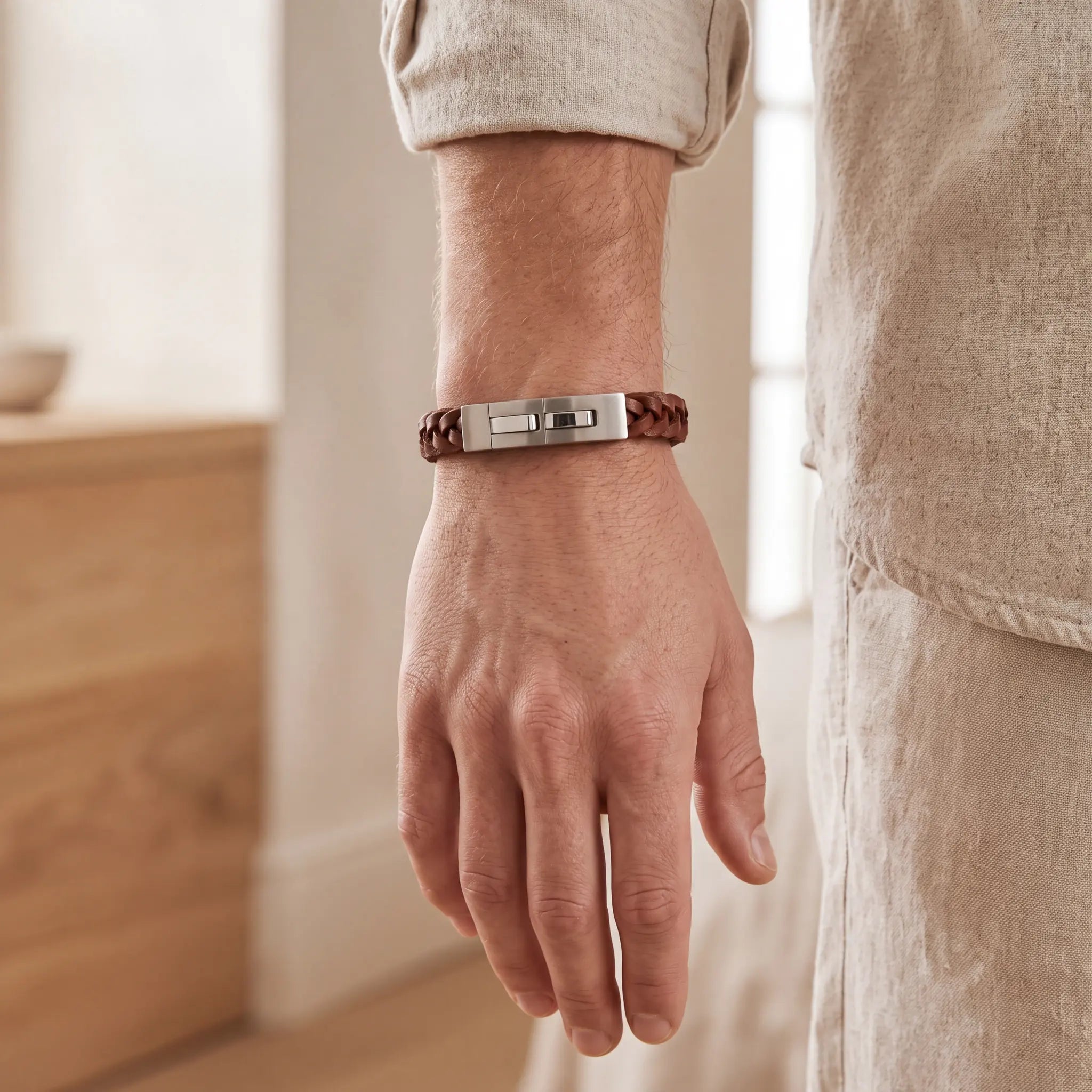 Adjustable-Braided-Leather-Ashes-Bracelet-For-Men-in-Brown-On-the-Wrist