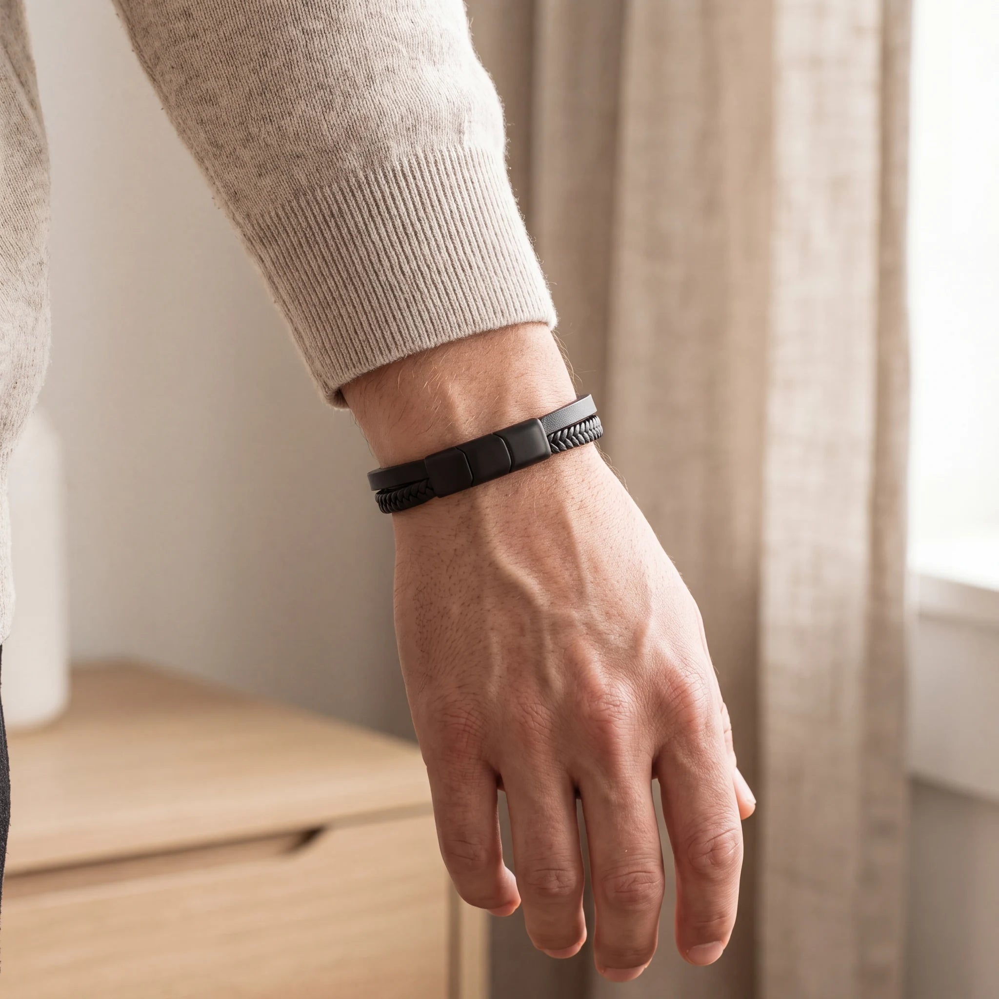 Adjustable-Braided-Leather-Ashes-Bracelet-For-Men-in-Full-Black-On-the-Wrist
