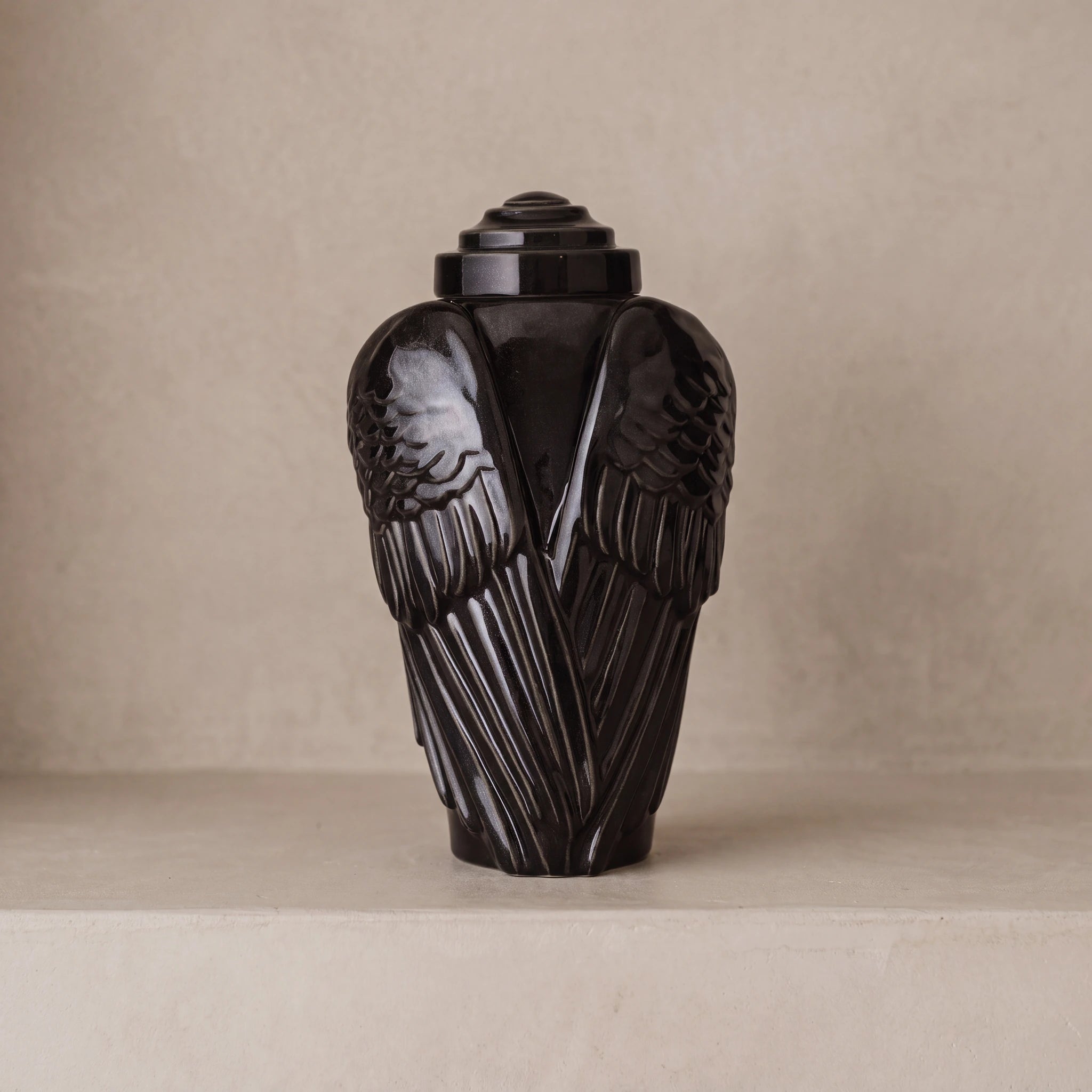 Angel Wings Adult Cremation Urn for Ashes in Glossy Black
