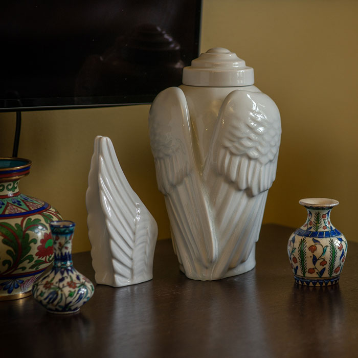 Angel Wings Ashes Keepsake Urn Range White on Table