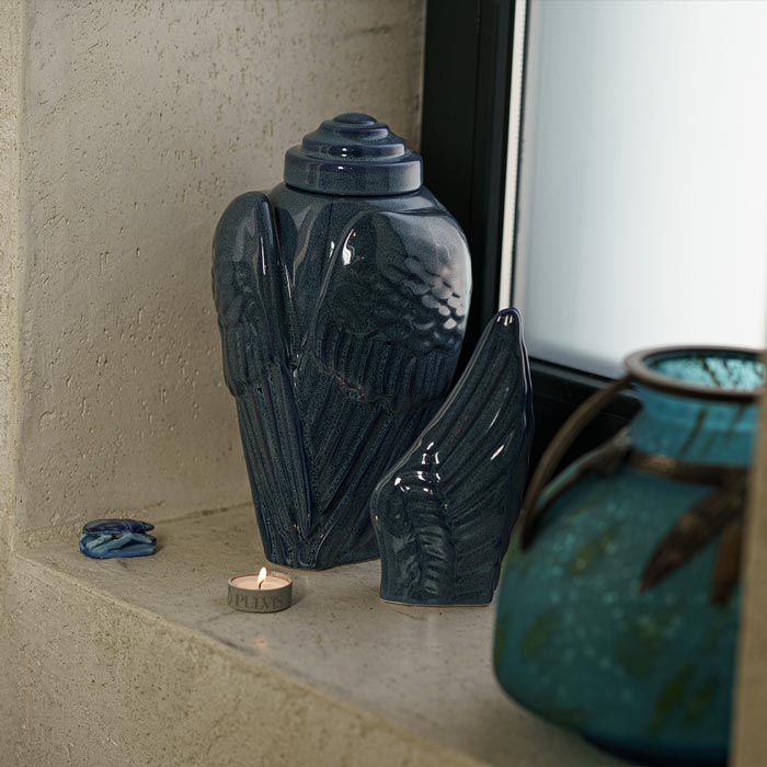 Angel Wings Small Urn for Ashes Blue on Window