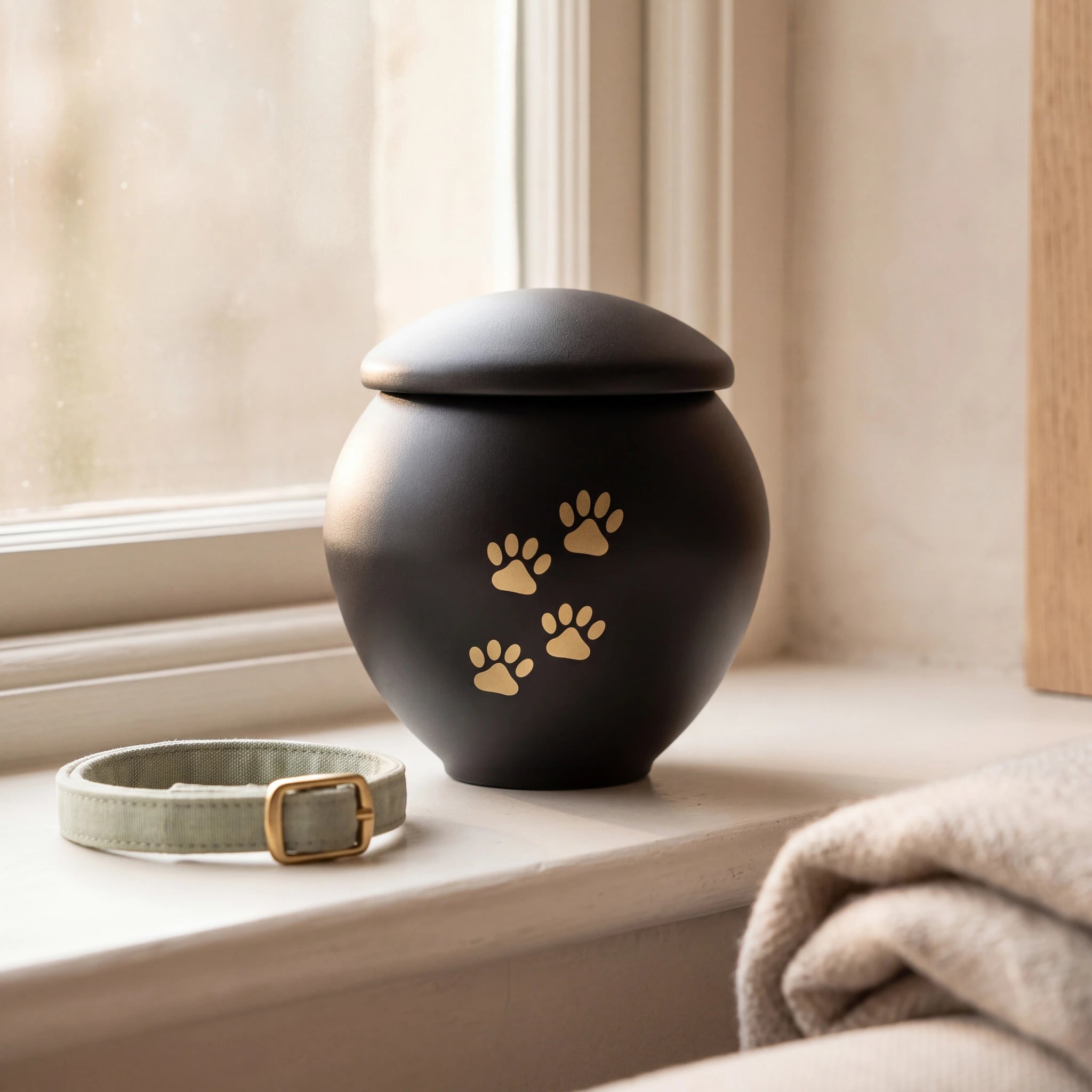 Black-Gold-Pawprints-Pet-Urn-for-Ashes-Large-pet_sunny_sill