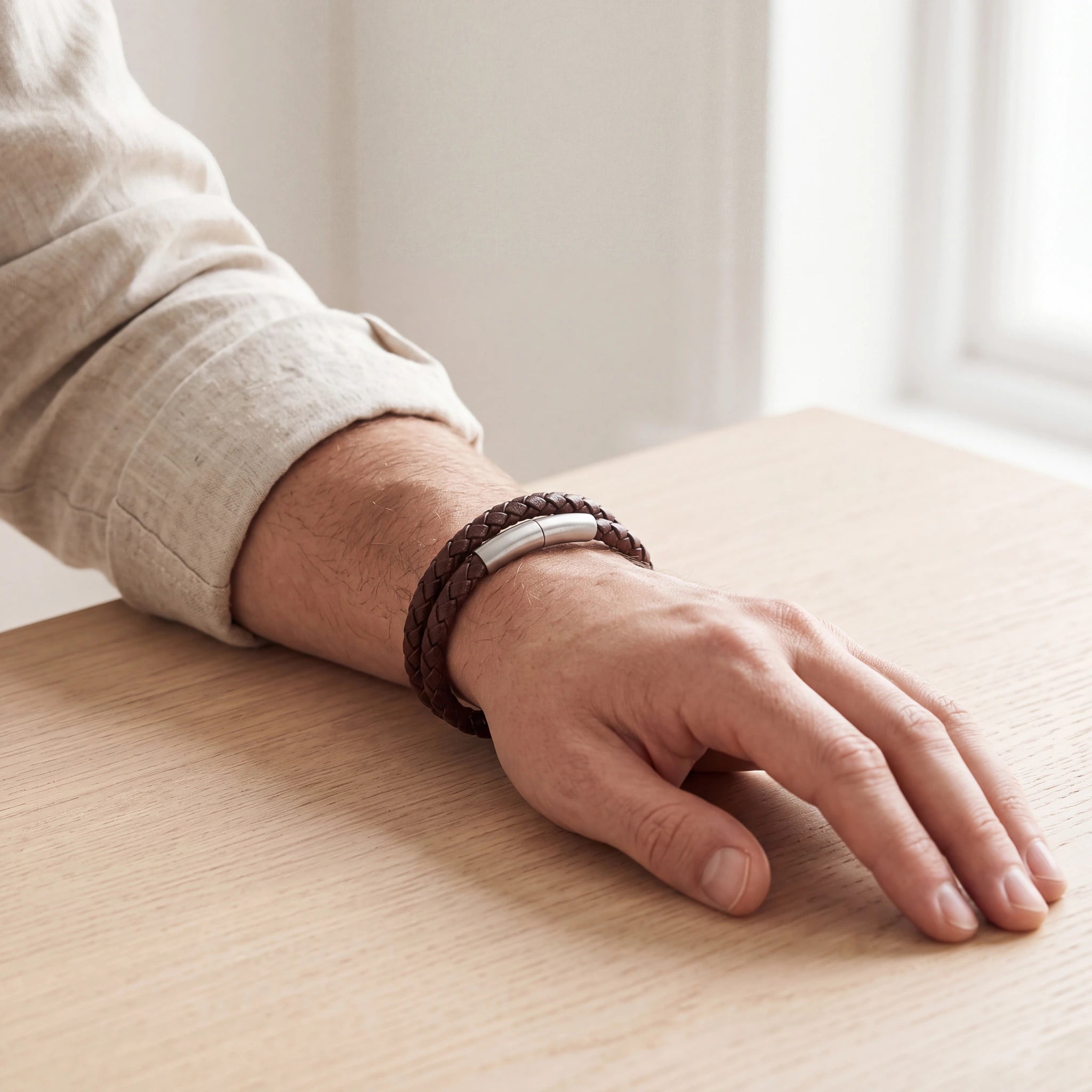 Braided-Leather-Ashes-Bracelet-For-Men-in-Brown-Double-Braid-Worn