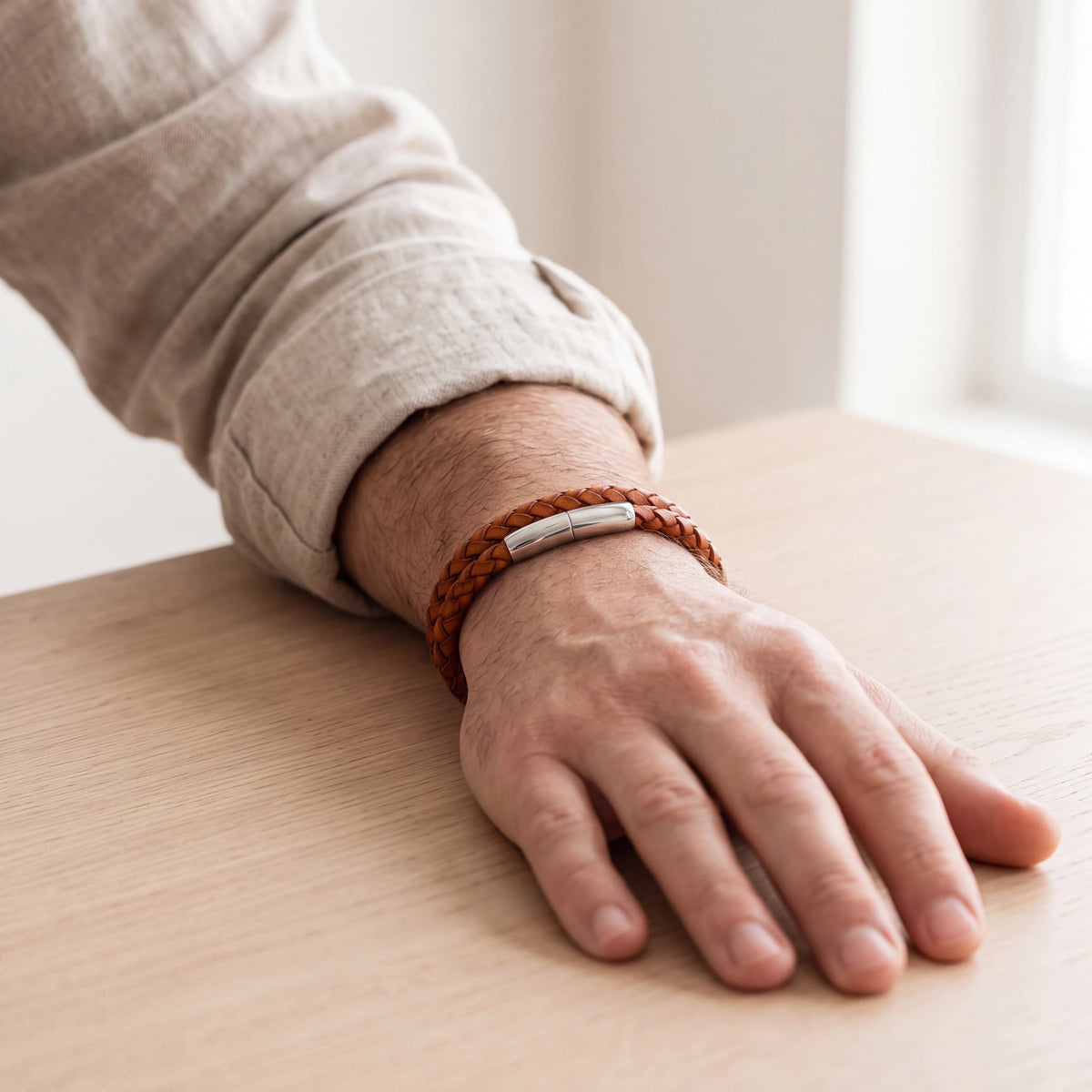 Braided-Leather-Ashes-Bracelet-For-Men-in-Cognac-Double-Braid-Worn
