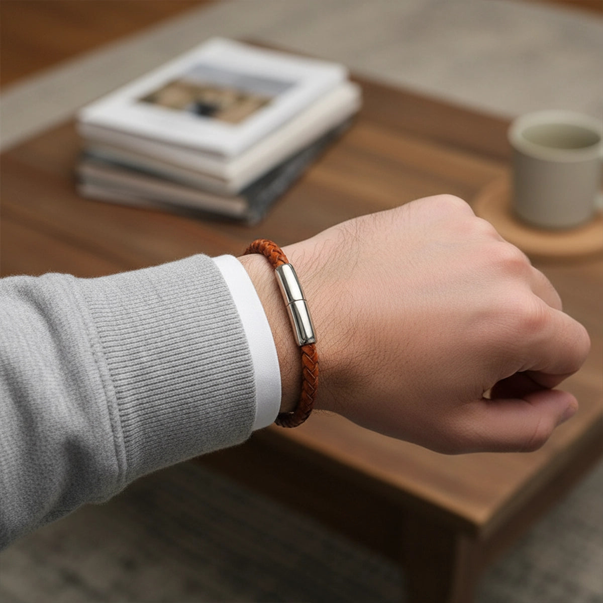 Braided Leather Ashes Bracelet For Men in Cognac - Single Braid