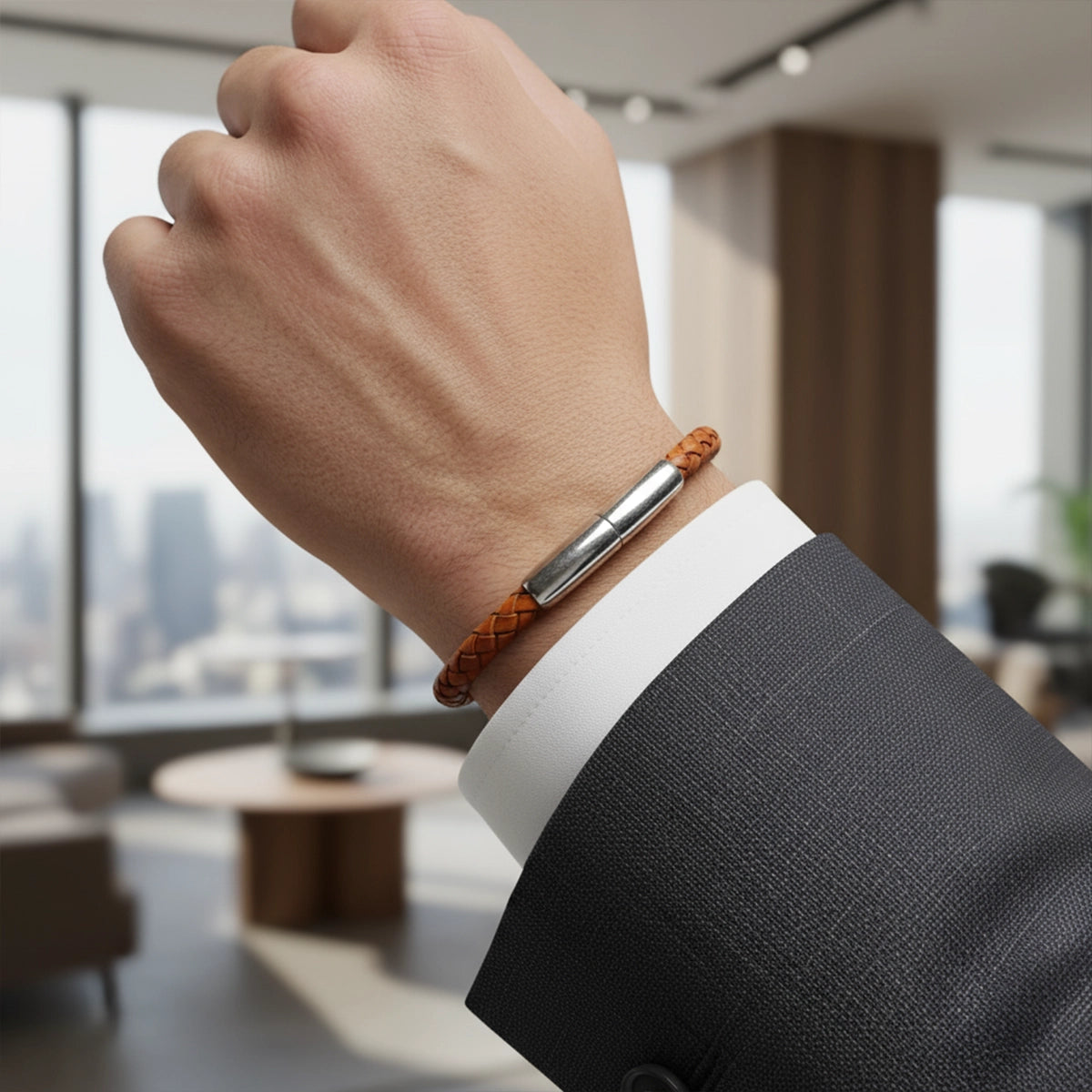 Braided Leather Ashes Bracelet For Men in Cognac - Single Braid