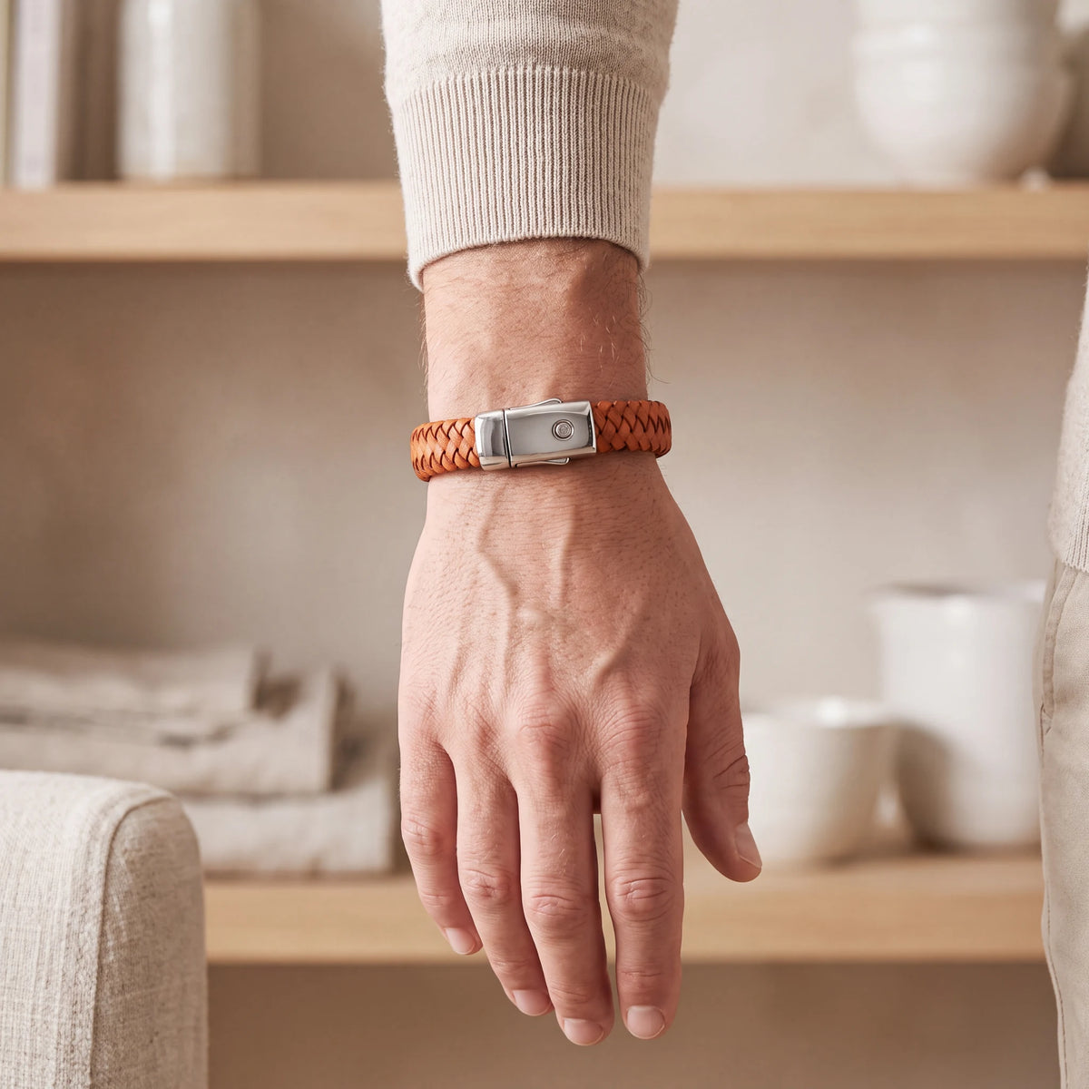 Braided-Leather-Ashes-Bracelet-For-Men-in-Cognac-Wide-Braid-On-the-Wrist