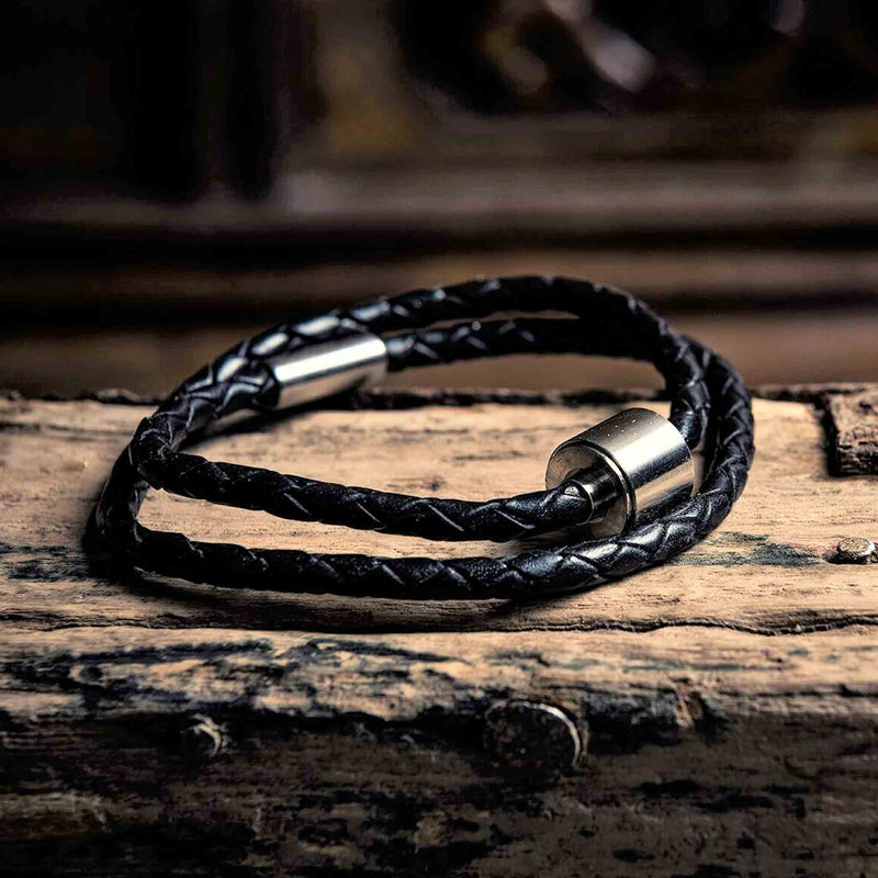 Braided Leather Ashes Bracelet for Men in Black on Surface