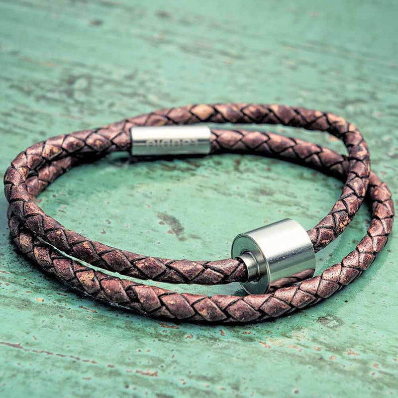 Braided Leather Ashes Bracelet for Men in Brown on Surface