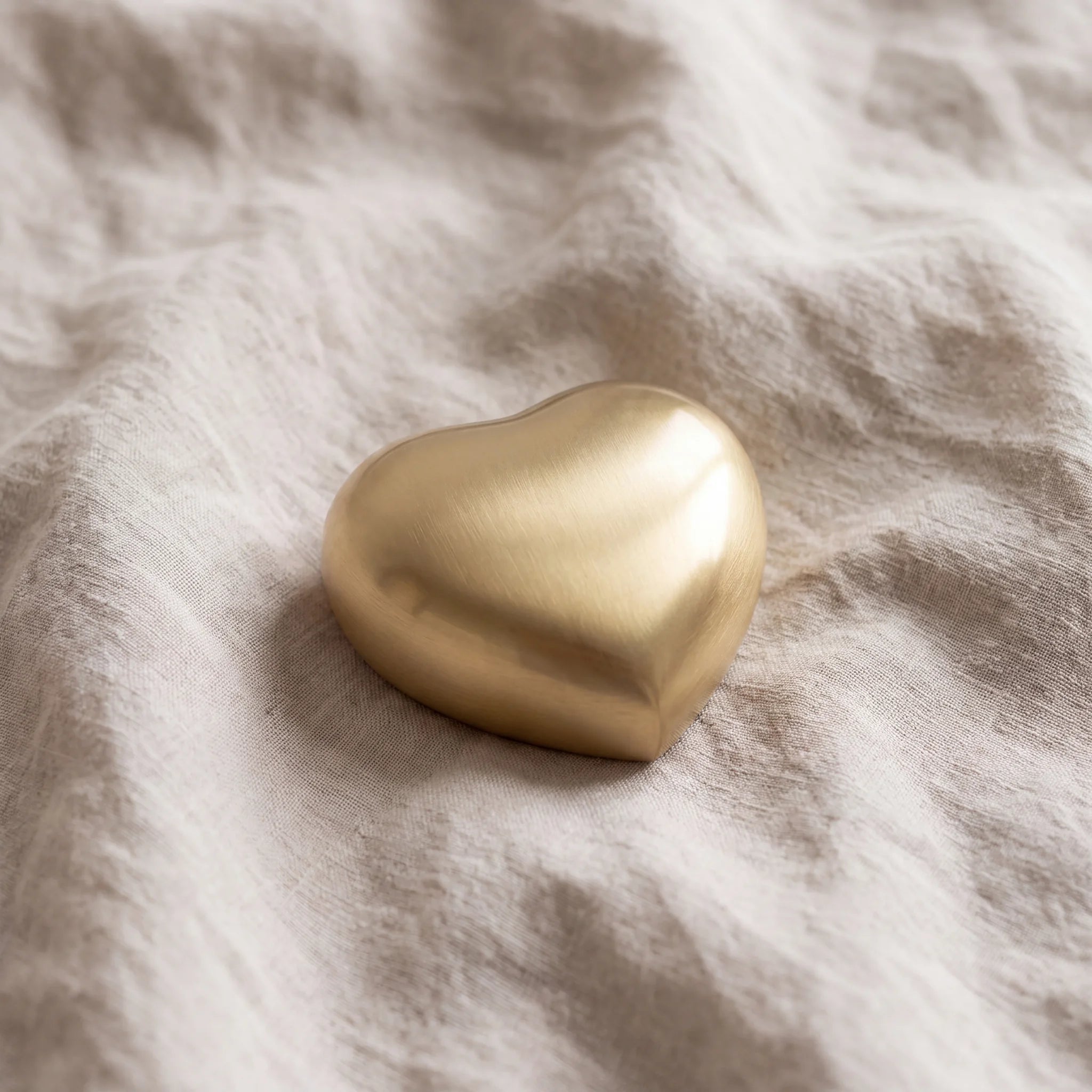 Brushed-Metal-Heart-Keepsake-Urn-for-Ashes-in-Gold-On-Linen